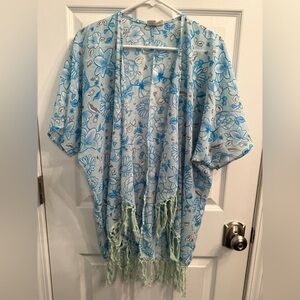 Lagaci brand - Blue and Gray Floral Kimono with Fringe